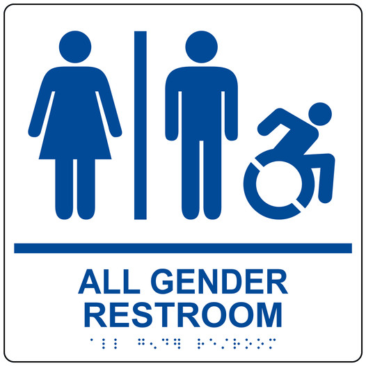Square White Braille GENDER NEUTRAL RESTROOM Sign with Dynamic Accessibility Symbol - RRE-31960R-99_Blue_on_White