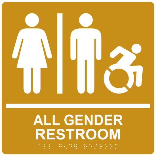 Square Gold Braille GENDER NEUTRAL RESTROOM Sign with Dynamic Accessibility Symbol - RRE-31960R-99_White_on_Gold