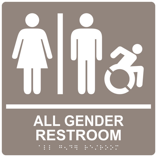 Square Taupe Braille GENDER NEUTRAL RESTROOM Sign with Dynamic Accessibility Symbol - RRE-31960R-99_White_on_Taupe
