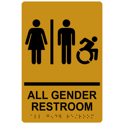 Gold Braille ALL GENDER RESTROOM Sign with Dynamic Accessibility Symbol RRE-31960R_Black_on_Gold