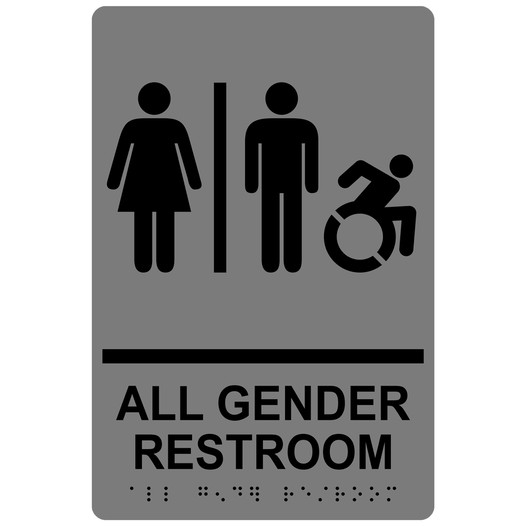 Gray Braille ALL GENDER RESTROOM Sign with Dynamic Accessibility Symbol RRE-31960R_Black_on_Gray