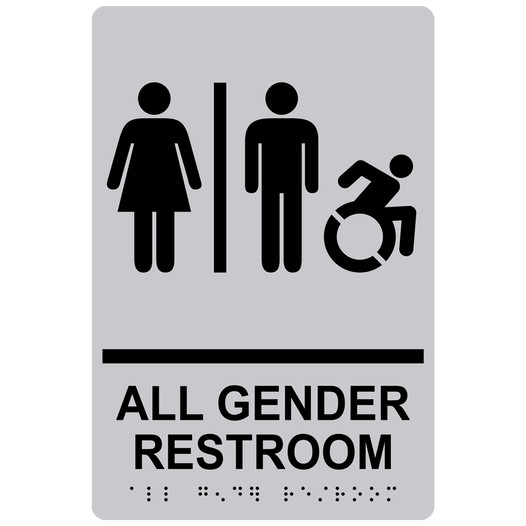 Silver Braille ALL GENDER RESTROOM Sign with Dynamic Accessibility Symbol RRE-31960R_Black_on_Silver