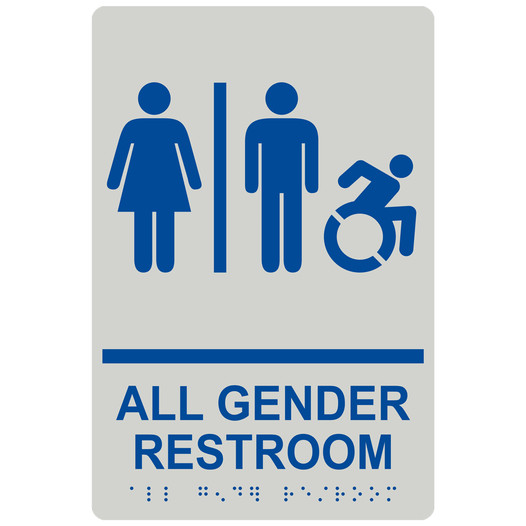 Pearl Gray Braille ALL GENDER RESTROOM Sign with Dynamic Accessibility Symbol RRE-31960R_Blue_on_PearlGray