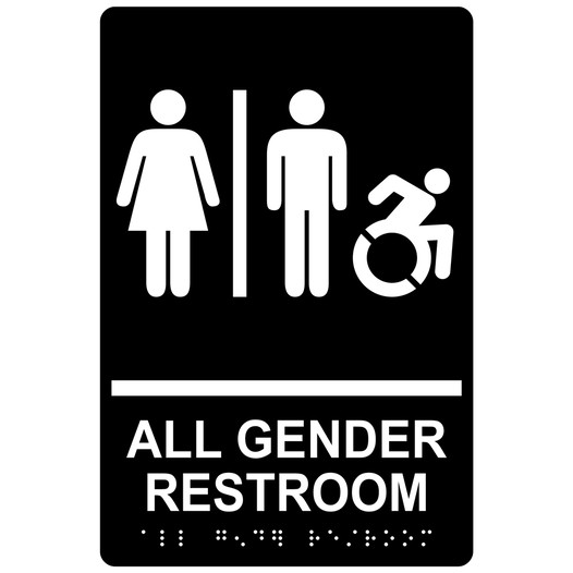 Black Braille ALL GENDER RESTROOM Sign with Dynamic Accessibility Symbol RRE-31960R_White_on_Black