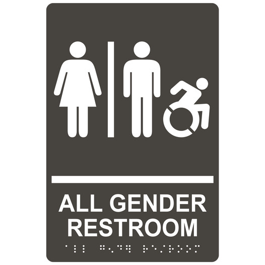 Charcoal Gray Braille ALL GENDER RESTROOM Sign with Dynamic Accessibility Symbol RRE-31960R_White_on_CharcoalGray