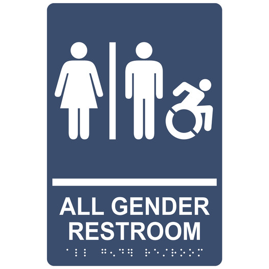 Navy Braille ALL GENDER RESTROOM Sign with Dynamic Accessibility Symbol RRE-31960R_White_on_Navy