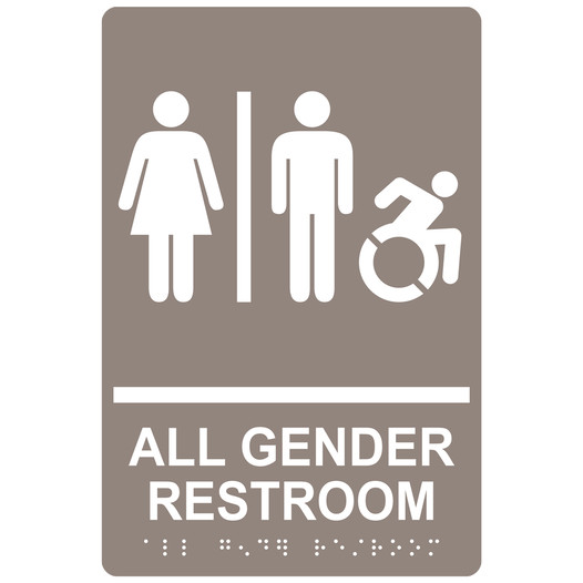Taupe Braille ALL GENDER RESTROOM Sign with Dynamic Accessibility Symbol RRE-31960R_White_on_Taupe