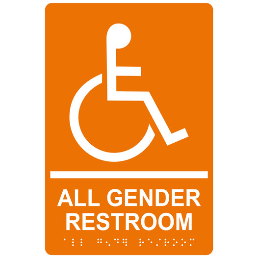 Orange ADA Braille Accessible ALL GENDER RESTROOM Sign with Symbol RRE-35205-White_on_Orange