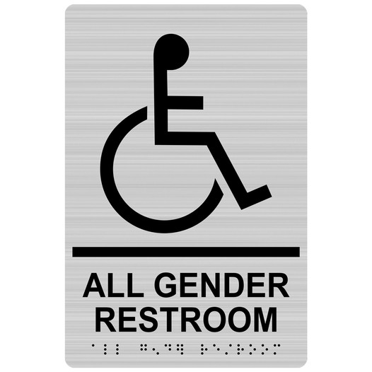 Brushed Silver ADA Braille Accessible ALL GENDER RESTROOM Sign with Symbol RRE-35205_Black_on_BrushedSilver