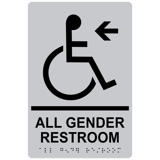 Silver ADA Braille Accessible ALL GENDER RESTROOM Left Sign with Symbol RRE-35207-Black_on_Silver