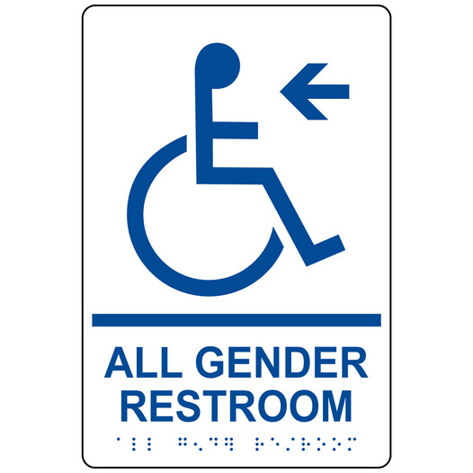 White ADA Braille Accessible ALL GENDER RESTROOM Left Sign with Symbol RRE-35207-Blue_on_White