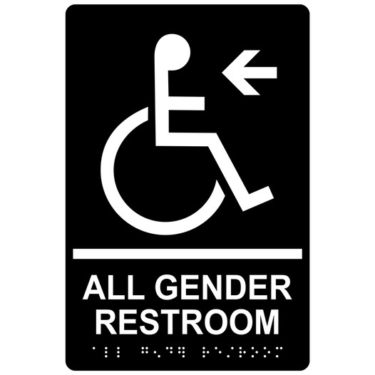 Black ADA Braille Accessible ALL GENDER RESTROOM Left Sign with Symbol RRE-35207-White_on_Black
