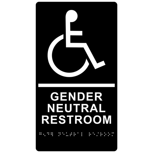 Black ADA Braille Accessible GENDER NEUTRAL RESTROOM Sign with Symbol RRE-35208-White_on_Black
