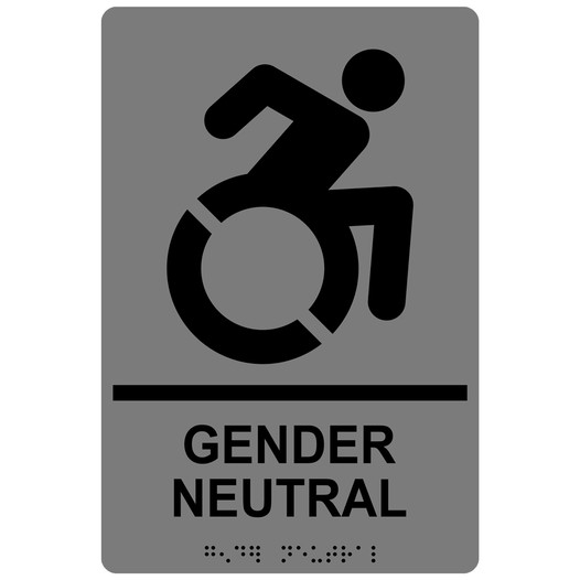 Gray Braille GENDER NEUTRAL Sign with Dynamic Accessibility Symbol RRE-35211R-Black_on_Gray