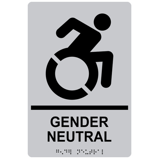 Silver Braille GENDER NEUTRAL Sign with Dynamic Accessibility Symbol RRE-35211R-Black_on_Silver
