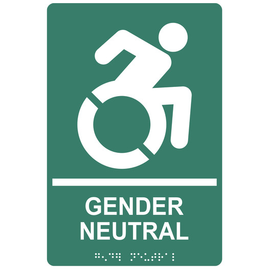 Green Braille GENDER NEUTRAL Sign with Dynamic Accessibility Symbol RRE-35211R-White_on_PineGreen