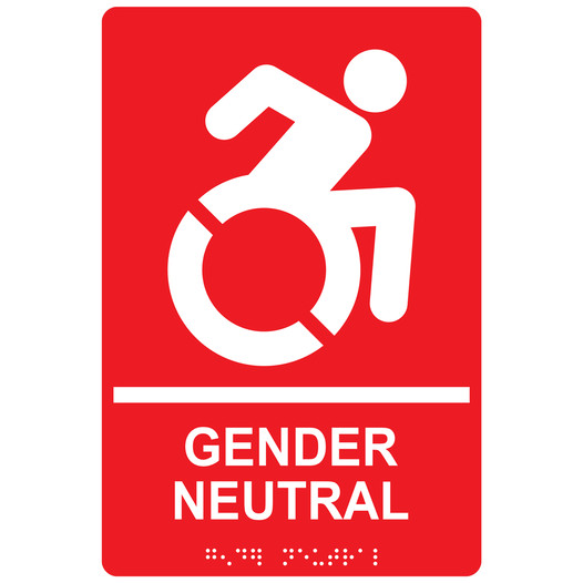 Red Braille GENDER NEUTRAL Sign with Dynamic Accessibility Symbol RRE-35211R-White_on_Red