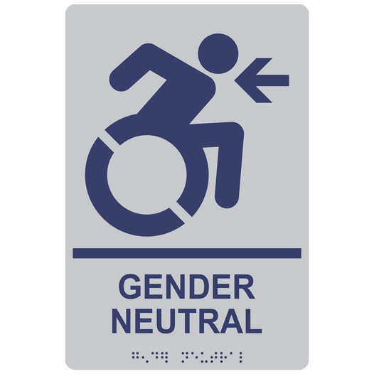 Silver Braille GENDER NEUTRAL Left Sign with Dynamic Accessibility Symbol RRE-35213R-MarineBlue_on_Silver