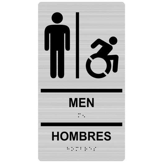 Brushed Silver Braille MEN HOMBRES Sign with Dynamic Accessibility Symbol RRB-150R_Black_on_BrushedSilver