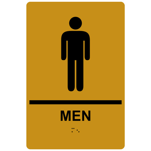 Gold ADA Braille MEN Restroom Sign with Symbol RRE-145_Black_on_Gold