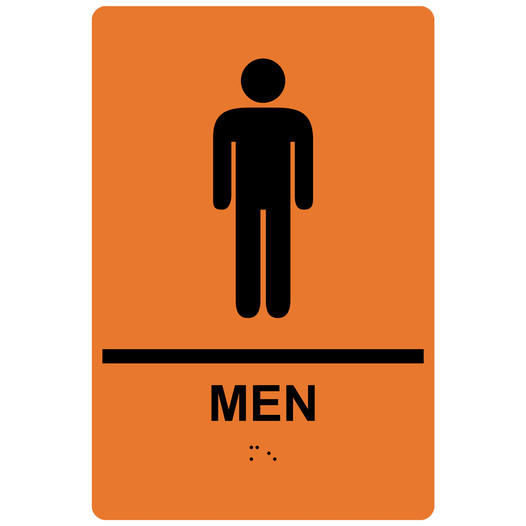 Orange ADA Braille MEN Restroom Sign with Symbol RRE-145_Black_on_Orange