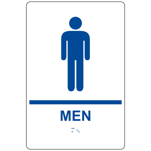 White ADA Braille MEN Restroom Sign with Symbol RRE-145_Blue_on_White