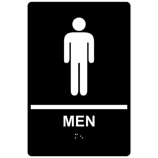 Black ADA Braille MEN Restroom Sign with Symbol RRE-145_White_on_Black