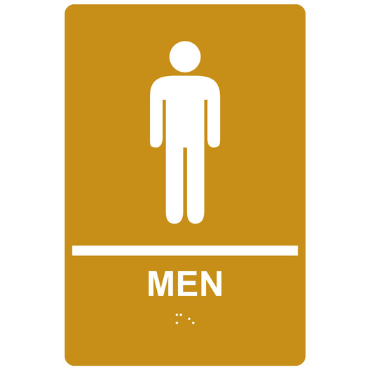 Gold ADA Braille MEN Restroom Sign with Symbol RRE-145_White_on_Gold