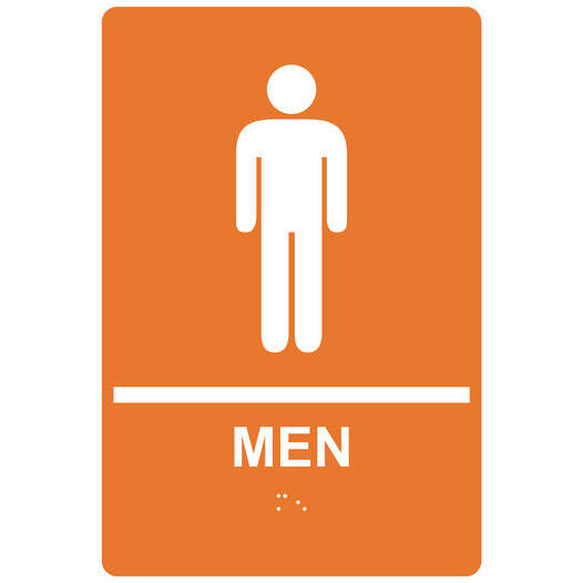 Orange ADA Braille MEN Restroom Sign with Symbol RRE-145_White_on_Orange