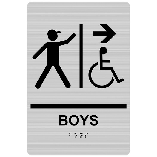 Brushed Silver ADA Braille Accessible BOYS Restroom Right Sign RRE-14768_Black_on_BrushedSilver
