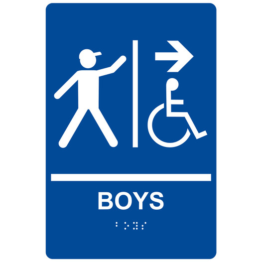 Blue ADA Braille Accessible BOYS Right Sign with Symbol RRE-14768_White_on_Blue