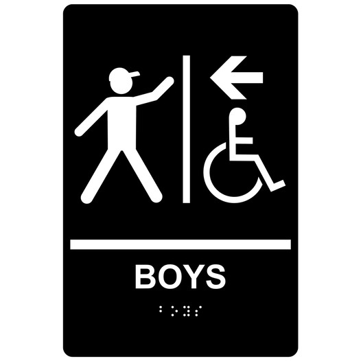 Black ADA Braille BOYS Left Sign with Symbol RRE-14769_White_on_Black