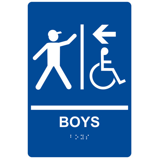 Blue ADA Braille BOYS Left Sign with Symbol RRE-14769_White_on_Blue