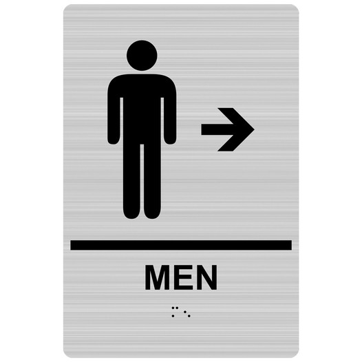 Brushed Silver ADA Braille MEN Restroom Right Sign RRE-14803_Black_on_BrushedSilver