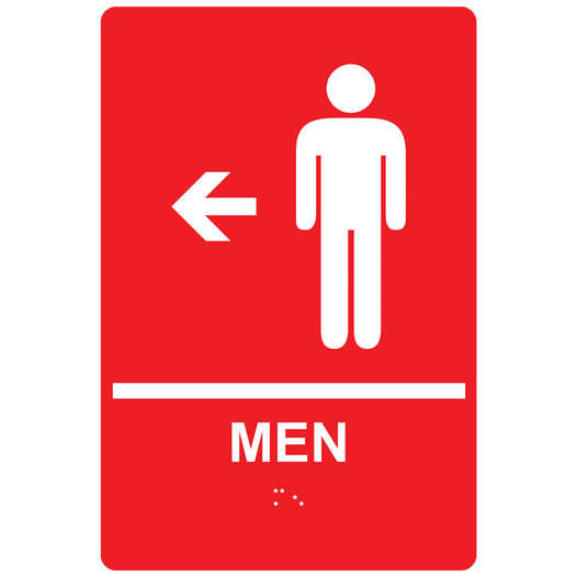 Red ADA Braille MEN Restroom Left Sign RRE-14804_White_on_Red