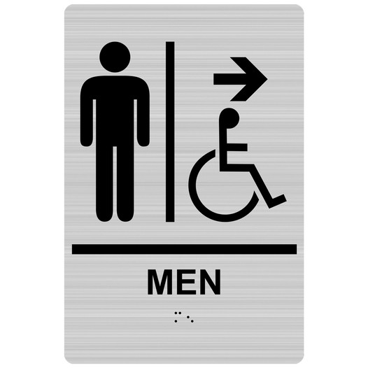 Brushed Silver ADA Braille MEN Accessible Restroom Right Sign RRE-14805_Black_on_BrushedSilver