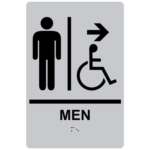 Silver ADA Braille MEN Accessible Restroom Right Sign RRE-14805_Black_on_Silver