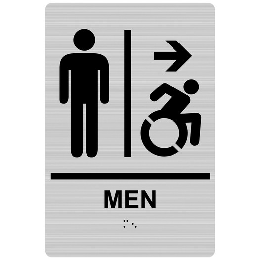 Brushed Silver Braille MEN Restroom Right Sign with Dynamic Accessibility Symbol RRE-14805R_Black_on_BrushedSilver