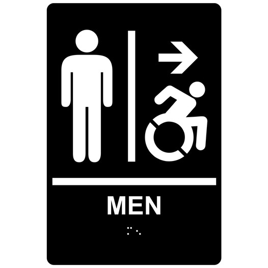 Black Braille MEN Restroom Right Sign with Dynamic Accessibility Symbol RRE-14805R_White_on_Black