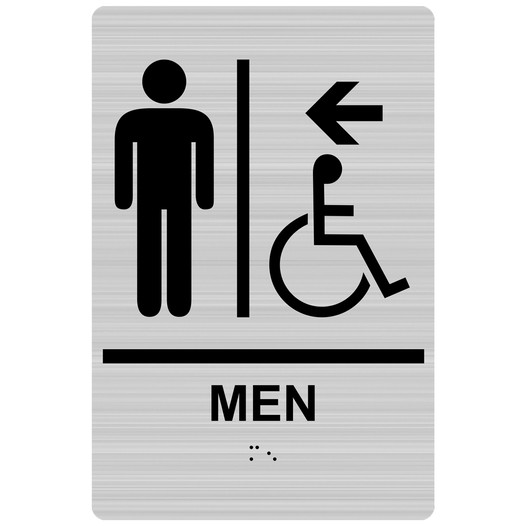 Brushed Silver ADA Braille MEN Accessible Restroom Left Sign RRE-14806_Black_on_BrushedSilver