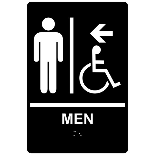 Black ADA Braille MEN Accessible Restroom Left Sign RRE-14806_White_on_Black
