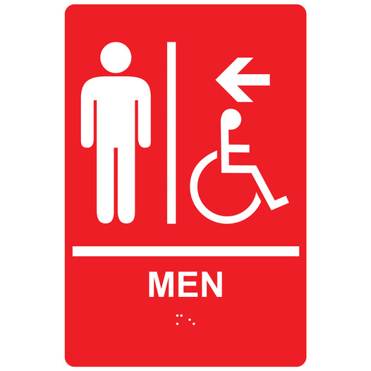 Red ADA Braille MEN Accessible Restroom Left Sign RRE-14806_White_on_Red