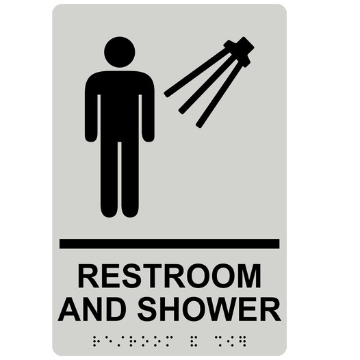 Pearl Gray ADA Braille Men's RESTROOM AND SHOWER Sign with Symbol RRE-14821_Black_on_PearlGray
