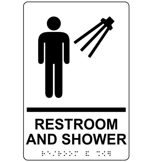 White ADA Braille Men's RESTROOM AND SHOWER Sign with Symbol RRE-14821_Black_on_White