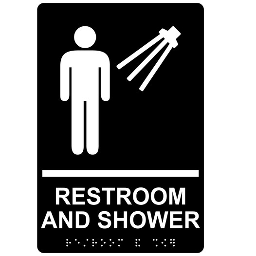 Black ADA Braille Men's Restroom And Shower Sign With Symbol
