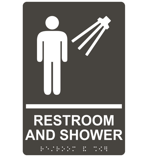 Charcoal Gray ADA Braille Men's RESTROOM AND SHOWER Sign with Symbol RRE-14821_White_on_CharcoalGray