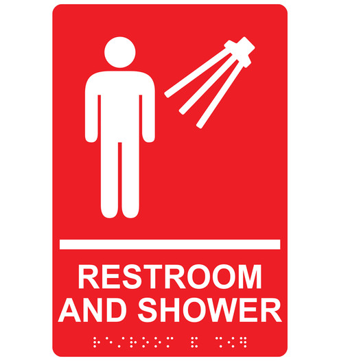 Red ADA Braille Men's RESTROOM AND SHOWER Sign with Symbol RRE-14821_White_on_Red