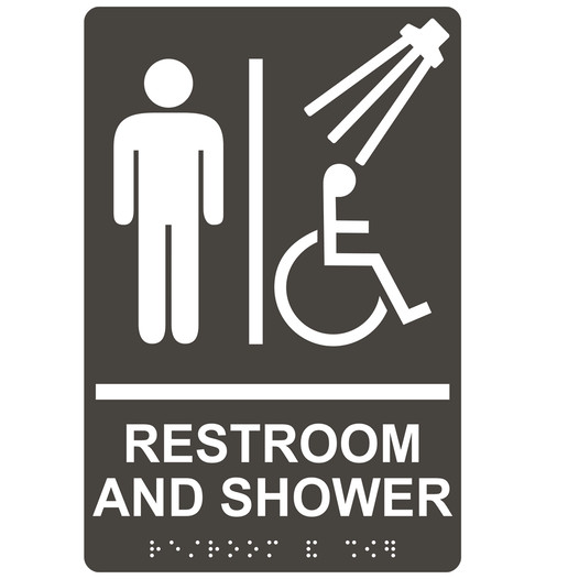 Charcoal Gray ADA Braille Accessible Men's RESTROOM AND SHOWER Sign with Symbol RRE-14822_White_on_CharcoalGray