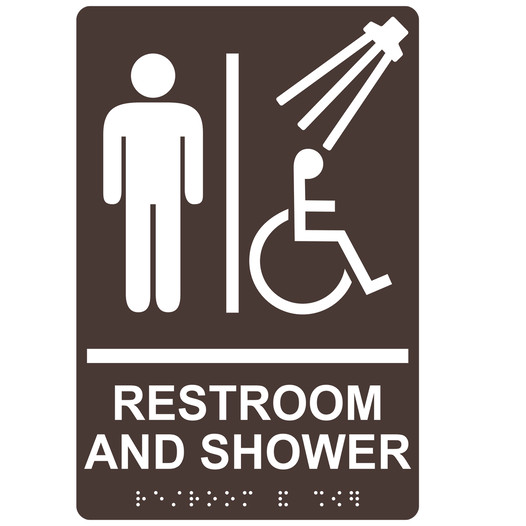 Dark Brown ADA Braille Accessible Men's RESTROOM AND SHOWER Sign with Symbol RRE-14822_White_on_DarkBrown