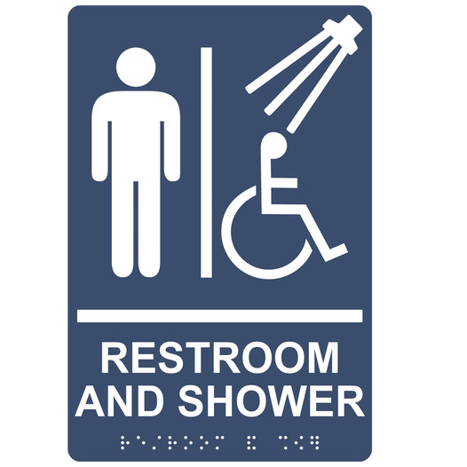 Navy ADA Braille Accessible Men's RESTROOM AND SHOWER Sign with Symbol RRE-14822_White_on_Navy